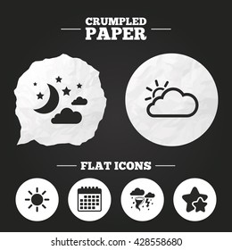 Crumpled paper speech bubble. Weather icons. Moon and stars night. Cloud moon and sun signs. Storm or thunderstorm with lightning symbol. Moon paper button. Moon web icon. Vector