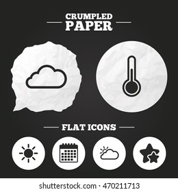 Crumpled paper speech bubble. Weather icons. Cloud and sun signs. Thermometer temperature symbol. Paper button. Vector