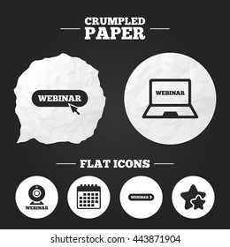 Crumpled paper speech bubble. Webinar icons. Web camera and notebook pc signs. Website e-learning or online study symbols. Paper button. Vector