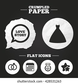 Crumpled paper speech bubble. Wedding dress icon. Bride and groom rings symbol. Wedding or engagement day ring with diamond sign. Will you marry me? Paper button. Vector