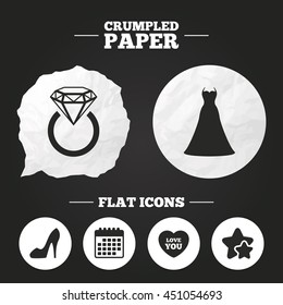 Crumpled paper speech bubble. Wedding dress icon. Women's shoe and love heart symbols. Wedding or engagement day ring with diamond sign. Paper button. Vector