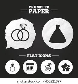 Crumpled paper speech bubble. Wedding dress icon. Bride and groom rings symbol. 