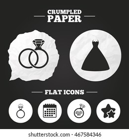 Crumpled paper speech bubble. Wedding dress icon. Bride and groom rings symbol. Wedding or engagement day ring shine with diamond sign. Will you marry me? Paper button. Vector