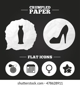 Crumpled paper speech bubble. Wedding dress icon. Women shoe sign. Perfume glamour fragrance symbol. Paper button. Vector