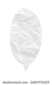 Crumpled paper speech bubble. White wrinkled paper chat icon on transparent background. Realistic texture vector design element for messages, communication, or scrapbooking projects.