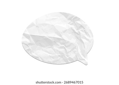 Crumpled paper speech bubble. White wrinkled paper chat icon on transparent background. Realistic texture vector design element for messages, communication, or scrapbooking projects.