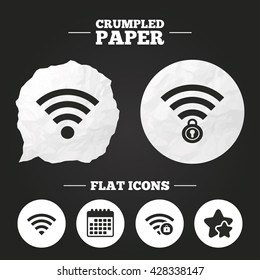 Crumpled paper speech bubble. Wifi Wireless Network icons. Wi-fi zone locked symbols. Password protected Wi-fi sign. Paper button. Vector