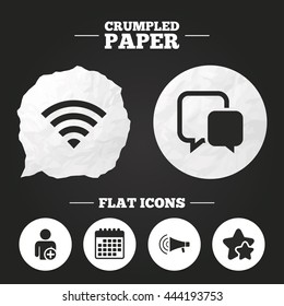 Crumpled paper speech bubble. Wifi and chat bubbles icons. Add user and megaphone loudspeaker symbols. Communication signs. Paper button. Vector