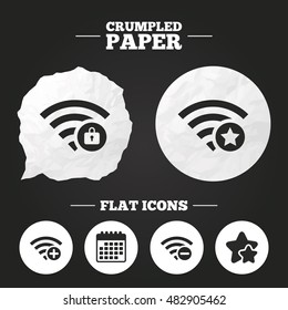 Crumpled paper speech bubble. Wifi Wireless Network icons. Wi-fi zone add or remove symbols. Favorite star sign. Password protected Wi-fi. Paper button. Vector