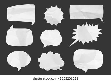 Crumpled paper speech bubbles. Comic text balloon, dialog boxes with wrinkled paper texture. Social media dialogue frame, chatting box and thought clouds vector isolated set.