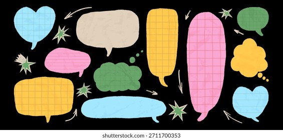 Papel arrugado burbujas de discurso multicolores. Los cuadros de texto coinciden con cuadrículas con bordes desgarrados. Etiquetas engomadas creativas del diálogo para las Plantillas del chat, el scrapbook y los diseños retro juguetones del renacimiento. Cajas de conversación de los niños del Vector.