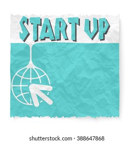 Crumpled paper with start up headline and globe icon