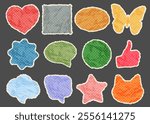 Crumpled paper stickers and speech bubbles set. Comic retro cartoon stickers made from color torn paper. Pop art style. Vintage icons with wrinkled paper texture, jagged edges. Vector illustration