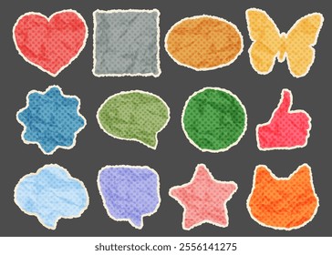 Crumpled paper stickers and speech bubbles set. Comic retro cartoon stickers made from color torn paper. Pop art style. Vintage icons with wrinkled paper texture, jagged edges. Vector illustration