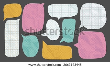 Crumpled paper stickers with speech bubbles shape set. Comic retro cartoon elements made from color torn paper. Pop art style. Vintage icons with wrinkled paper texture, jagged edges. Vector design.