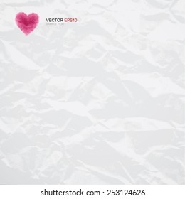 Crumpled paper texture background with red heart of watercolor brushes. Vector abstract background for "valentines day" and wedding card.