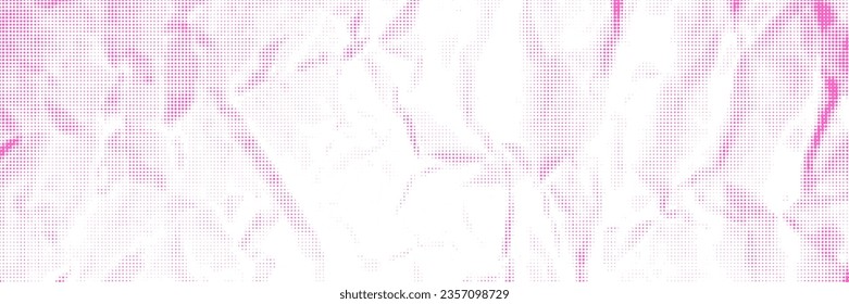 Crumpled paper texture halftone background vector illustration. Blank white sheet with pink creases. Modern grunge retro dotted banner template with copy space