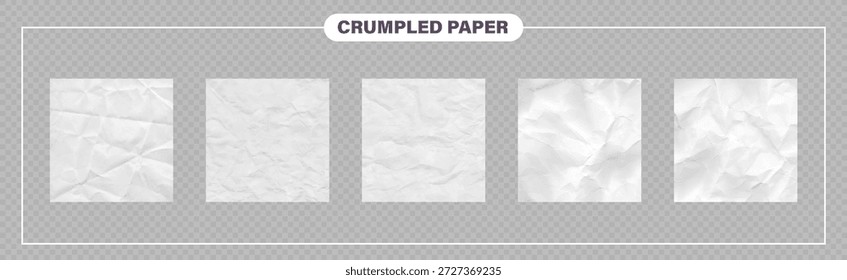 Vektor-Kit mit zerknitterter Papiertextur. Weißer Falteneffekt quadratische Hintergründe für Poster, Memo, Dokumententwürfe oder Collage. Clipart Blattbündel auf wie transparentem png bg