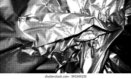 Crumpled paper textures. Creased cardboard with halftone effect. Black and white colored grunge halftone background. Wrinkled paper texture. Abstract background. Vector illustration