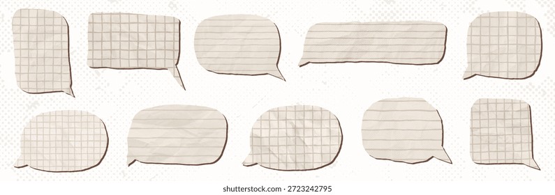 Burbujas de discurso de semitono de Vector de papel arrugado con color beige natural con líneas y patrón de cuadrícula, Elementos de collage de Diseño gráfico para carteles y fondos