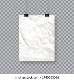 Crumpled paper vertical poster template hanging with clips