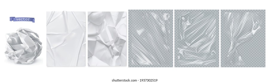 Crumpled paper, white paper, transparent plastic film. 3d realistic vector texture