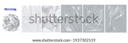 Crumpled paper, white paper, transparent plastic film. 3d realistic vector texture