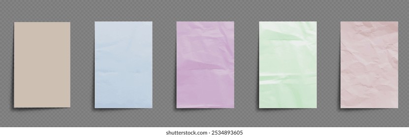 Crumpled pastel colored paper for scrapbook, poster or text banner. Realistic 3d illustration vector set of wrinkled sketchpad or notebook page mockup. Blank simple used creased leaflet template.