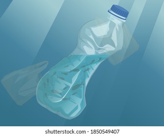 Crumpled plastic bottle with abstract water and fishes ecological disaster plastic problem flat vector illustration with ocean background
