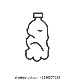 Crumpled plastic bottle, linear icon. Line with editable stroke