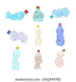 Conjunto de botellas de plástico arrugadas de dibujos animados. triturado usado, reciclar residuos, basura vacía botella de plástico arrugado signo. símbolo aislado Ilustración vectorial