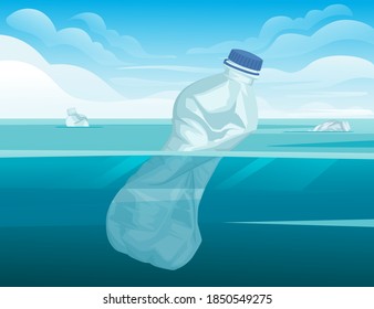 Crumpled plastic bottle in water ecology disaster plastic problem flat vector illustration with ocean and sky background