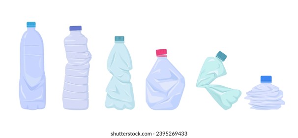 crumpled plastic bottles. environment contamination recycling wastes, Unhygienic broken garbage rubbish trash refuse water bottles. vector cartoon minimalistic items set.