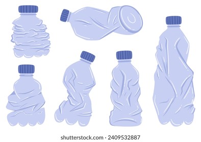 Crumpled Plastic Bottles, Symbolizing Environmental Awareness. Battered Containers Collection, Conveying The Need For Recycling And Reducing Plastic Waste. Cartoon Vector Illustration, Icons