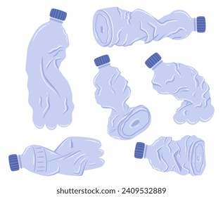 Crumpled Plastic Bottles In Various Shapes, Conveying Environmental Concern. Design Elements Symbolizing Waste, Crushed Water Containers Advocate Recycling And Eco-consciousness. Cartoon Vector Set