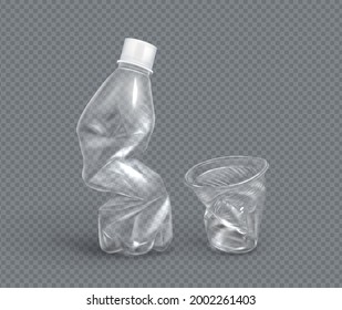 Crumpled plastic cup and bottle for water, disposable mug and flask. Crumple trash, used empty container for beverages isolated on transparent background, pollution concept, Realistic 3d vector mockup