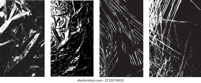 "Conjunto de sobreposição de textura de plástico amarrotado preto - fundo abstrato enrugado"