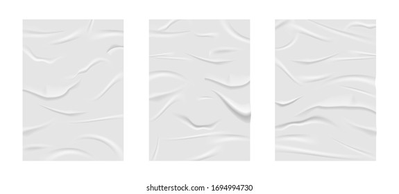 Crumpled poster, glued realistic paper wrinkled effect. Badly wet glued paper with crumpled and greased wrinkles texture, isolated blank templates set, badly glued white paper - stock vector - Shutterstock ID 1694994730