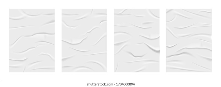 Crumpled poster, glued realistic paper wrinkled effect. Badly wet glued paper with crumpled and greased wrinkles texture, isolated blank templates set, badly glued white paper - vector - Shutterstock ID 1784000894