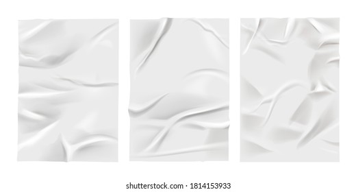 Crumpled poster, glued realistic paper wrinkled effect. Badly wet glued paper with crumpled and greased wrinkles texture, isolated blank templates set, badly glued white paper - for stock - Shutterstock ID 1814153933