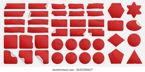 Fita adesiva de papel plástico vermelho amassado, fita adesiva, etiqueta ou etiqueta adesiva e pvc rasgado colado fita scotch com canto curvado e textura grunge de sobreposição enrugada. Mockup de adesivo de negócio de celofane.