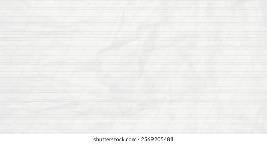 Crumpled school notebook paper sheet in a narrow line with a slash for learning spelling, mock up with copy space. Vector illustration.