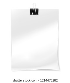 Crumpled sheet of paper with black binder clip isolated on white background. Important note. Check list. Vector mock-up for design.