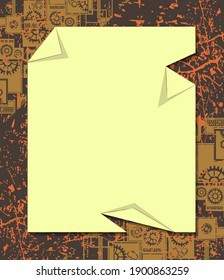 Ein zerbrochenes Blatt Papier auf altem Hintergrund mit Fragmenten industrieller Grafiken. Vorlage. Vektorgrafik