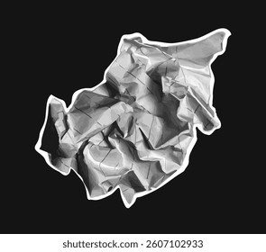 Crumpled sheet of white paper displayed in grayscale graphic style, isolated on a solid black background. Concept of waste, recycling or creativity. Vector illustration