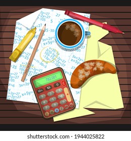 Crumpled sheets of paper on the table, a cup of coffee, a croissant, a marker, a pencil, a pen and a calculating machine. Vector illustration