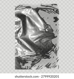 Crumpled silver foil sheet on transparent background, showing shiny metallic texture with reflective surface and creases.