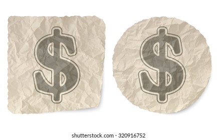 Crumpled slip of paper and a dollar symbol