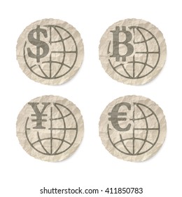 Crumpled slip of papers and a different currency icons