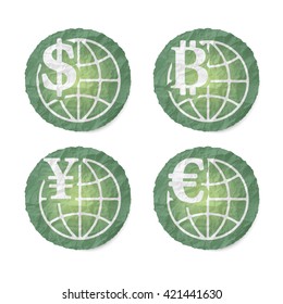 Crumpled slip of papers and a different currency icons